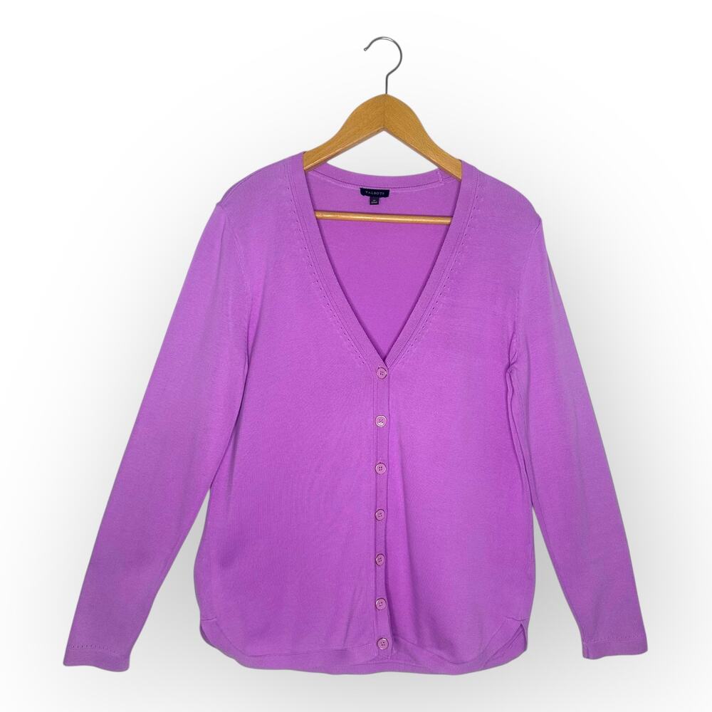 Talbots Women's Long Sleeve Curved Hem Button Down Cardigan M Purple Lavender